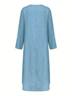 Women's Casual V-Neck Long Sleeve Solid Color A-Line Loose Fit Maxi Dress - Blue