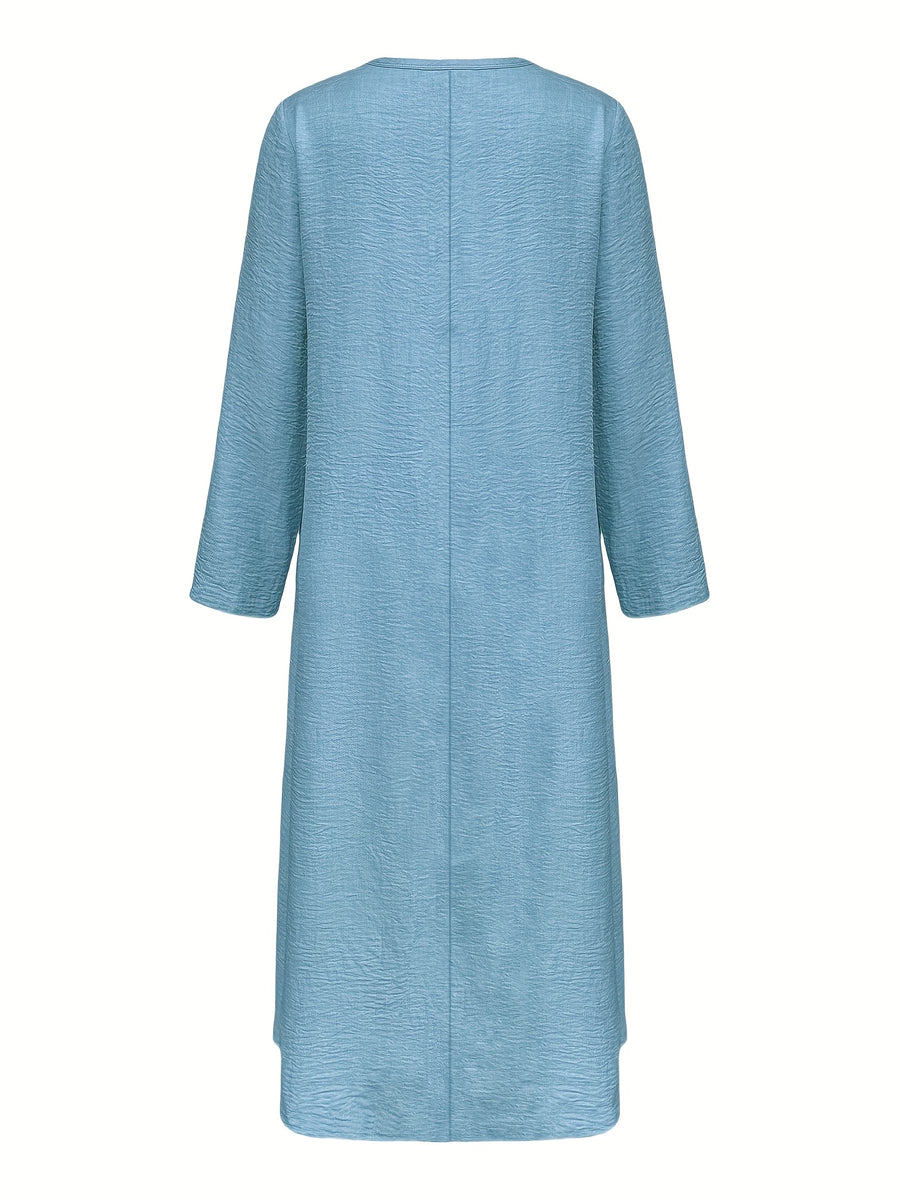 Women's Casual V-Neck Long Sleeve Solid Color A-Line Loose Fit Maxi Dress - Blue