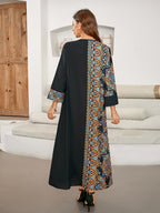 Printed Patchwork Long Dress Caftan - Black