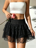 Spring And Summer New Sweet And Spicy Lace Cake Skirt, Anti-Exposure, Multi-Layered Lotus Leaf A-Line Fluffy Short Skirt - Black