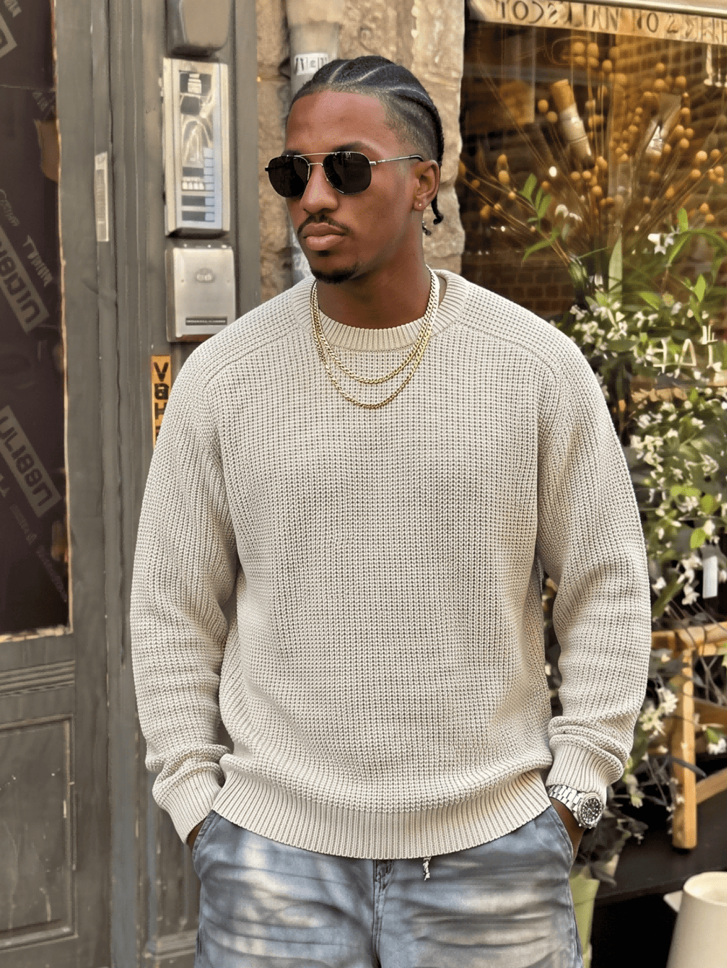 ANDREILEE Men's Apricot Knit Sweater - Winter Warm Loose Fit Slouchy Crew Neck Pullover, Solid Color Casual Sweater Suitable for Fall/Winter Layering, Hand Washable Basic Sweater for Office & Casual Attire - Apricot