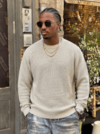 ANDREILEE Men's Apricot Knit Sweater - Winter Warm Loose Fit Slouchy Crew Neck Pullover, Solid Color Casual Sweater Suitable for Fall/Winter Layering, Hand Washable Basic Sweater for Office & Casual Attire - Apricot