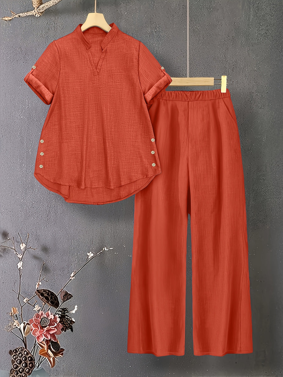 New V-neck Button-detail Short-sleeve Top with Elastic Waist and Side Slant Pockets Women's Set - Orange Red