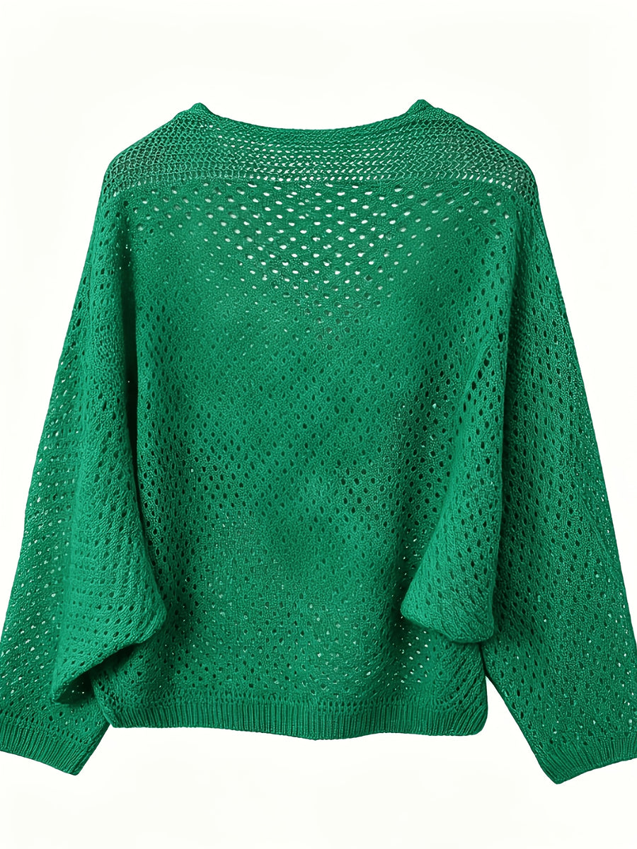 Women's Pullover V-Neck Soft Sweater, Loose Hollow-Out Top, Gentle Style Top, Fashionable, Soft Fabric, Versatile Long-Sleeve Batwing Shirt, Breathable Cover-Up - Emerald Green