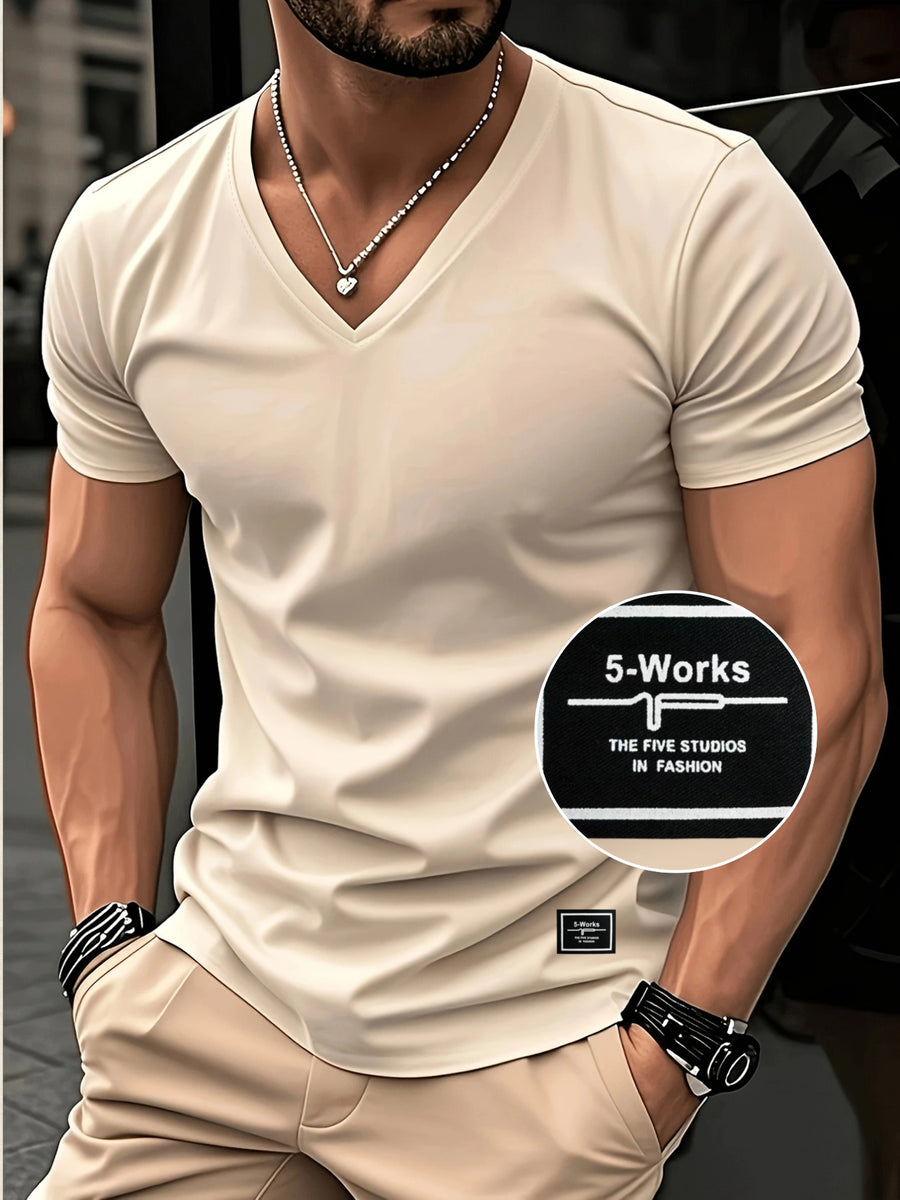 180g 100% Men's V-Neck Short-Sleeve Top, Casual T-Shirt, Solid Color Base Layer, "5-work" Summer All-Season Base Layer, Factory-Made for Men, Comfortable, High Quality, High Fit Rate, Casual Sportswear - Apricot