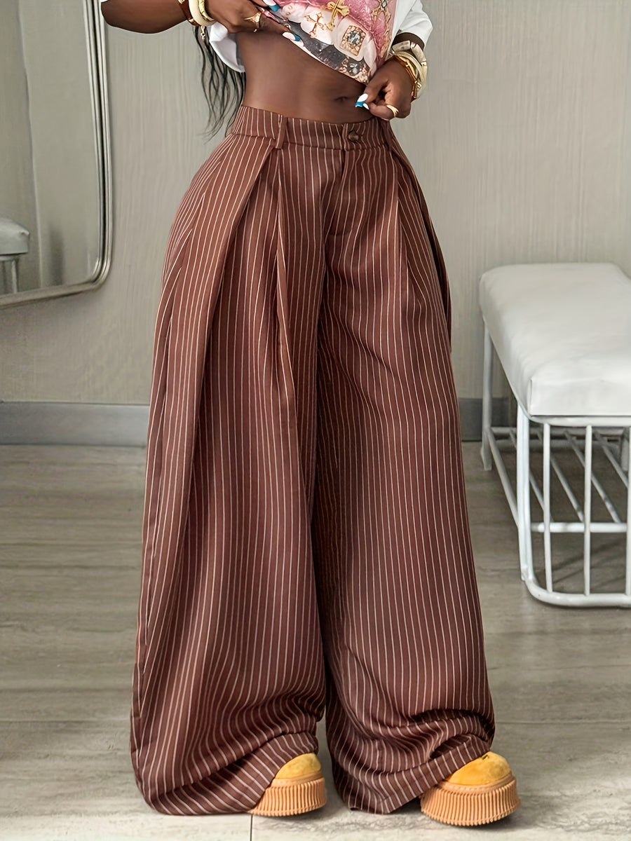 Women's Autumn/Winter Cool Vintage Casual Street Style Oversized Brown Curved Hem Striped Cargo Pants - Loess Ochre