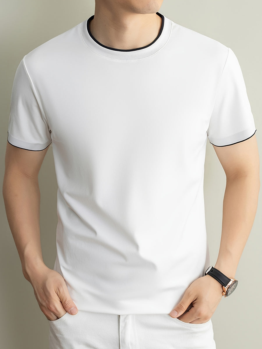 Summer Men'S Short Sleeve T-Shirt Casual Round Neck Solid Color Comfortable Cooling Breathable Polo Shirt - White
