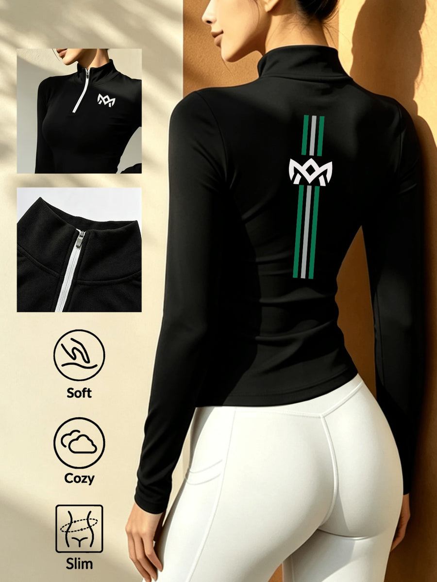 Stand-up Collar Half-zip Long-sleeve T-shirt, Autumn/winter Warm Half-high Neck Base Layer Top - Black