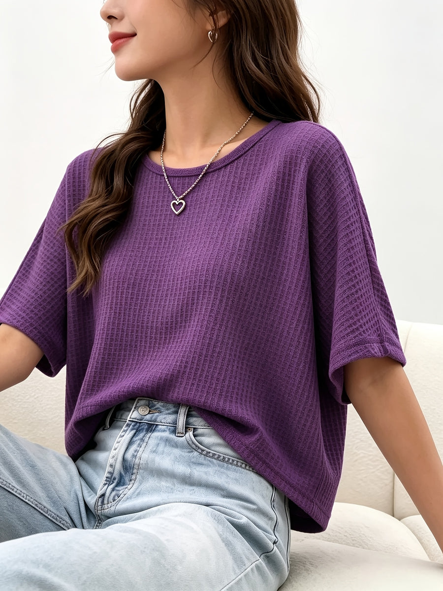 Women's Casual Loose-Fit Waffle Short Crop Crew Neck Short Sleeve T-Shirt for Daily Commuting - Purple