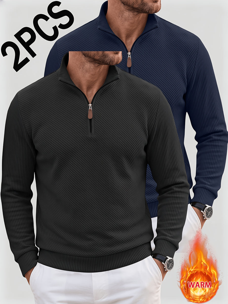 2pcs Men'S Autumn Winter New Corduroy Textured Half-Zip Stand Collar Knit Sweater Set, Light Luxury Long Sleeve Elastic Ribbed Base Layer Business Casual Inner Outerwear; Daily Commute, Home Entertaining, Camping Dating Scenarios - Black+Navy Blue