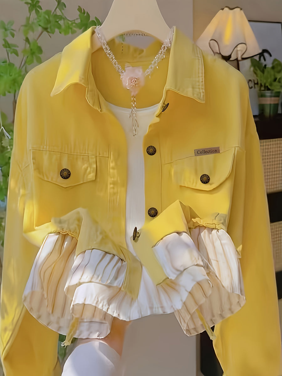 Spring and Autumn Fashion Striped Patchwork Top - Lemon Yellow