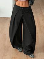 Women'S Retro Striped Wide-Leg Trousers with Cross-Waist Head Loose Drapey Floor-Length Pants Casual Suit Trousers - Black