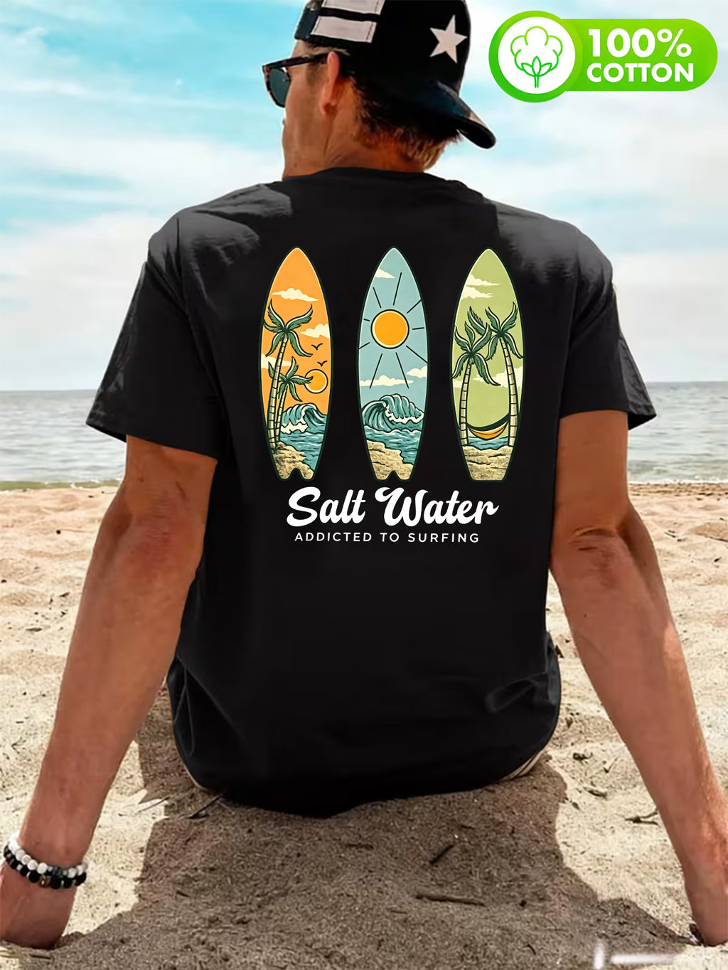 Men'S 100% T-Shirt, "Salt Water" Vintage Surfboard Front And Back Print Design, Casual Trendy Street Sport Short Sleeve T-Shirt Summer New Style, Round Neck Short Sleeve Summer Top, Casual Street Style, Suitable for Summer Daily Outdoor Wear - Black