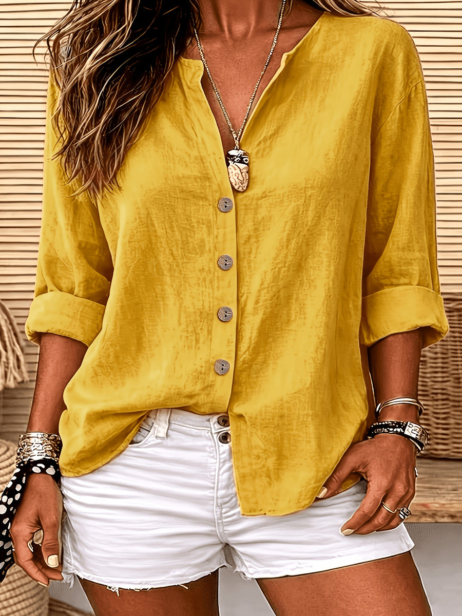 Women'S Solid Color V-Neck Long-Sleeved Shirt, Loose And Single-Breasted Casual Daily Vacation Top - Yellow