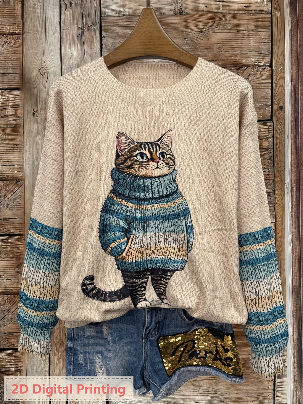 Plus Size - Plus Size - Plus Size Women'S for All Over Printed Long Sleeve Universal Crew Neck Lightweight Sweater, Trendy Wear, Cat Pattern, Perfect for Casual Elegance Style Outfits - Suitable for All Seasons - Multicolor