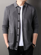 Du Jing Lan OBM Spring/Summer New Arrival Men's Knitted Cardigan, Old Money Style Solid Color Lapel Long Sleeve Open Front Knit Cardigan, Men's Business Casual Fashion Single-Breasted Ribbed Sweater Jacket with Side Pockets, Suitable for Layering - Dark Gray