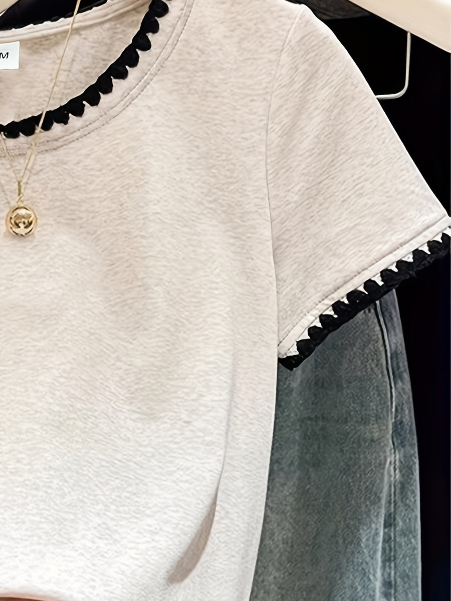 Women'S Summer Clothing New Unique Exquisite Embroidery Lace Short Sleeve T-Shirt Elegant Fashion Contrast Color Short Sleeve Retro Design Niche Top - Flecking Gray