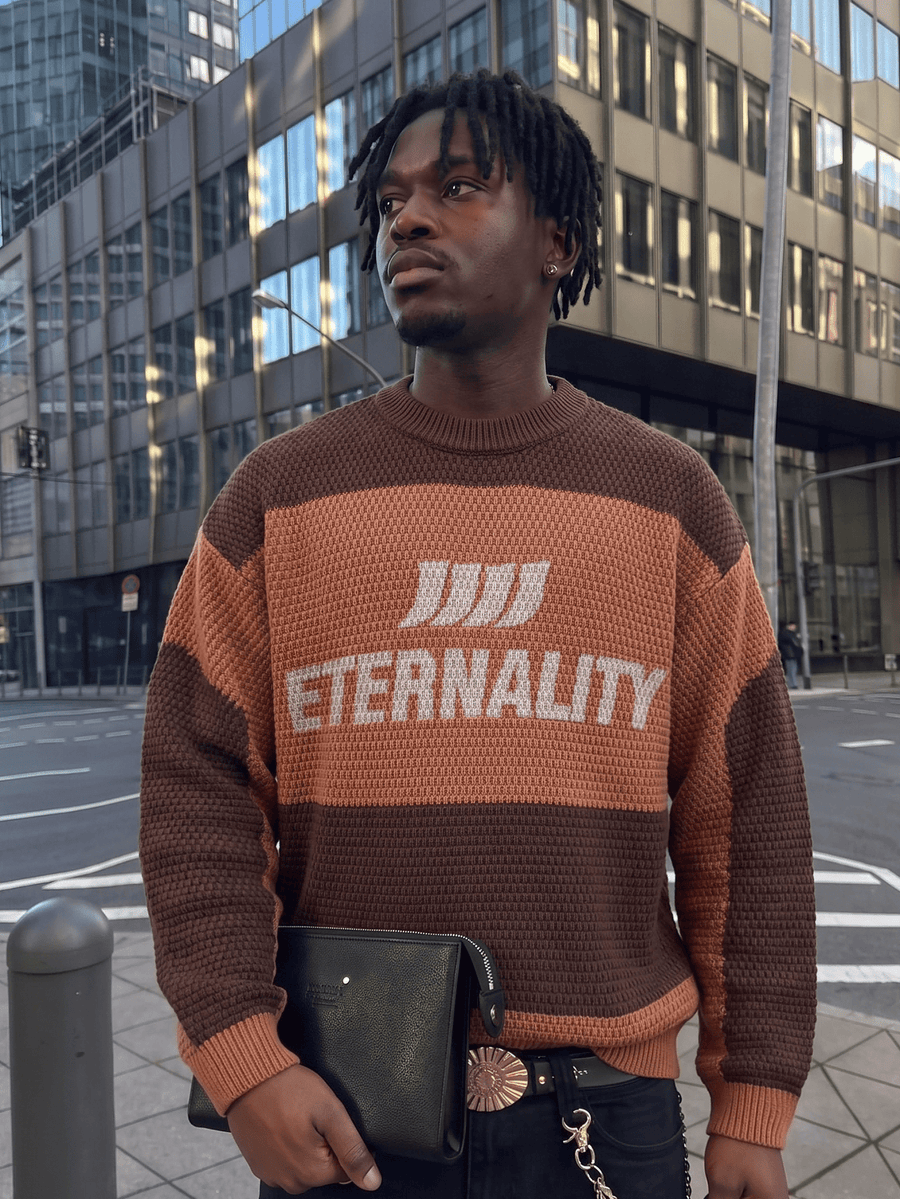 Men'S Sweater Fashion Trendy Street Style Casual Commute Home All-Match ETERNALITU English Letter Round Neck Long Sleeve Wide Ribbed Loose Knit Pullover Sweater Autumn Winter - Coffee Color
