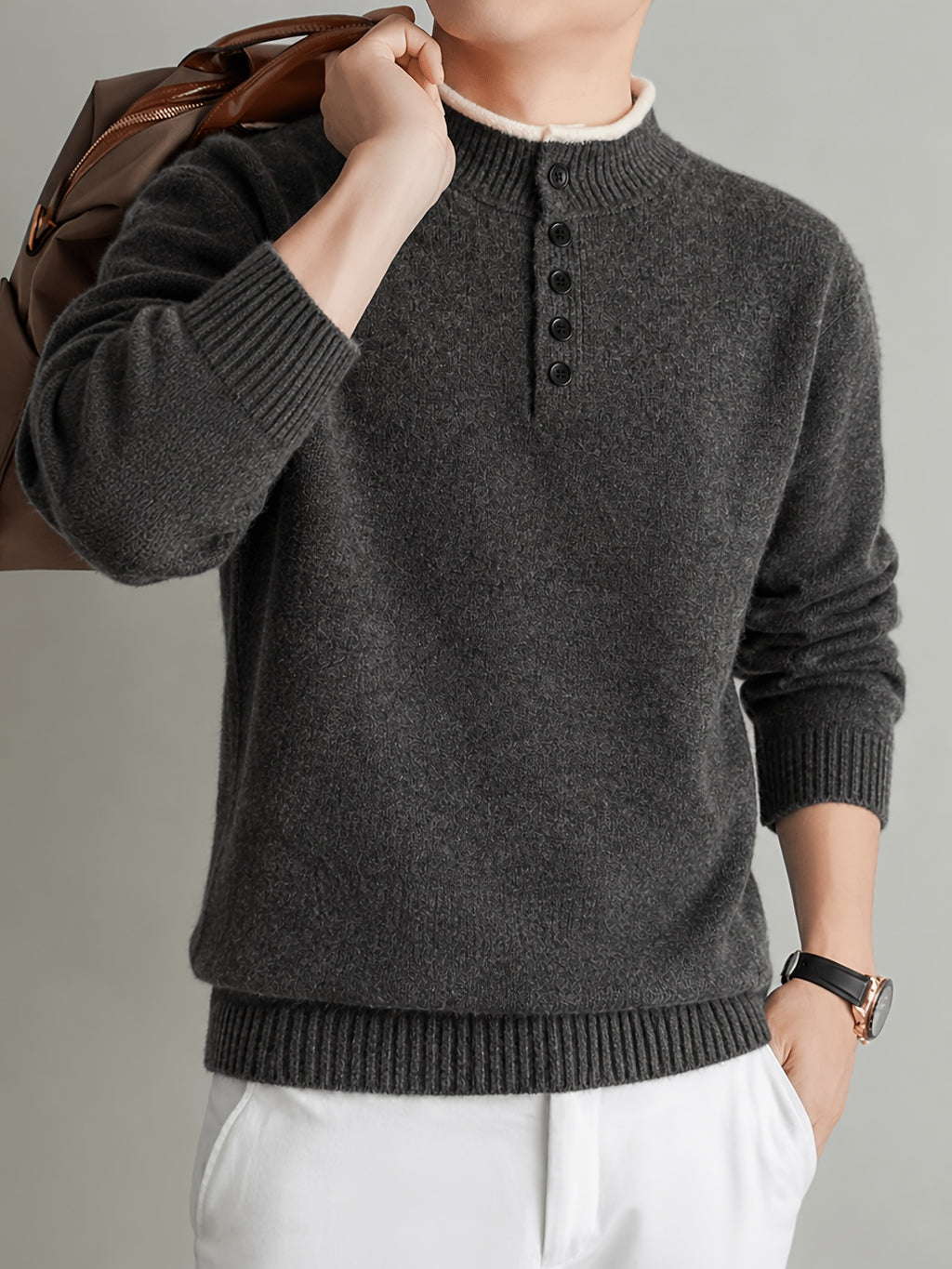 Du Jing Lan OBM Spring/Autumn New Arrival Men's Knit Pullover, Old Money Style Contrast Color Striped Half-Open Placket Stand Collar Knit Pullover, Men's Business Casual Fashion Knit Pullover, Suitable for Layering or Wearing as an Inner Layer - Dark Gray