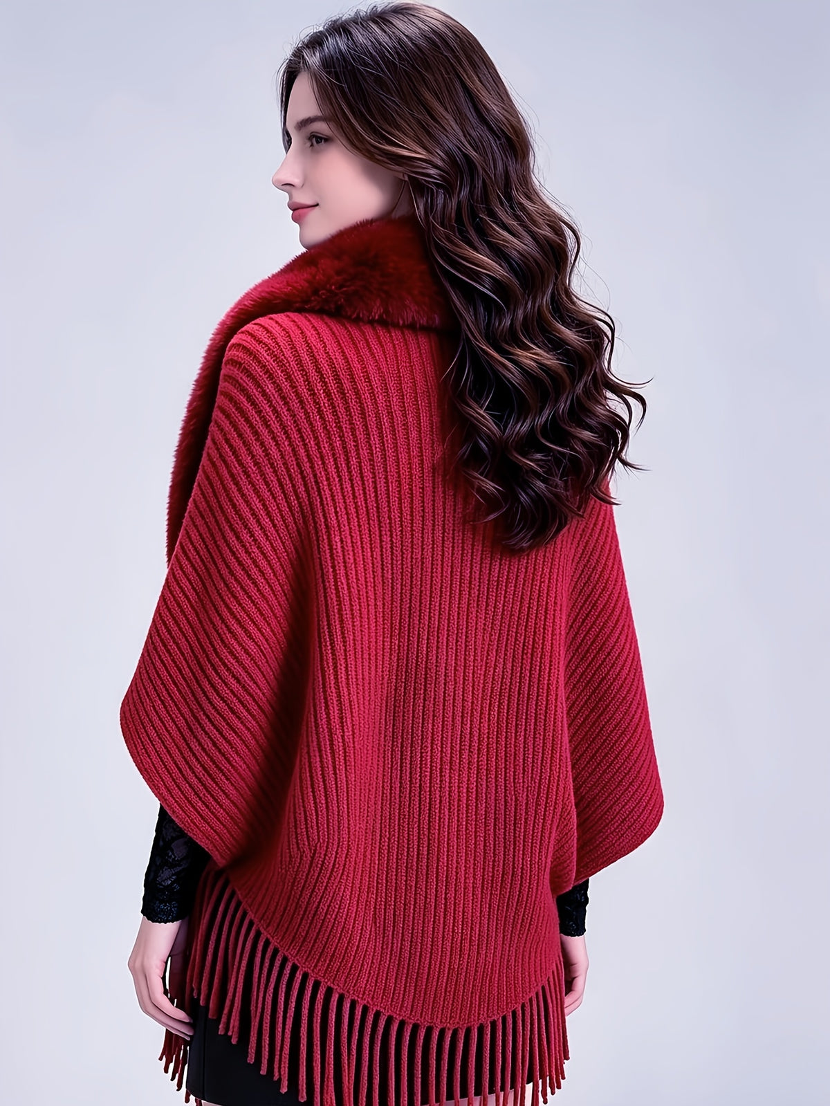 Women'S Cardigan, Autumn Winter Fashion Faux Tassel Cape Scarf Jacket - Lightweight Warm Outerwear for Parties, Office, Casual Wear - Elegant Autumnal Accessory, Trendy Scarf, Office Essential, Holiday Gift - Red