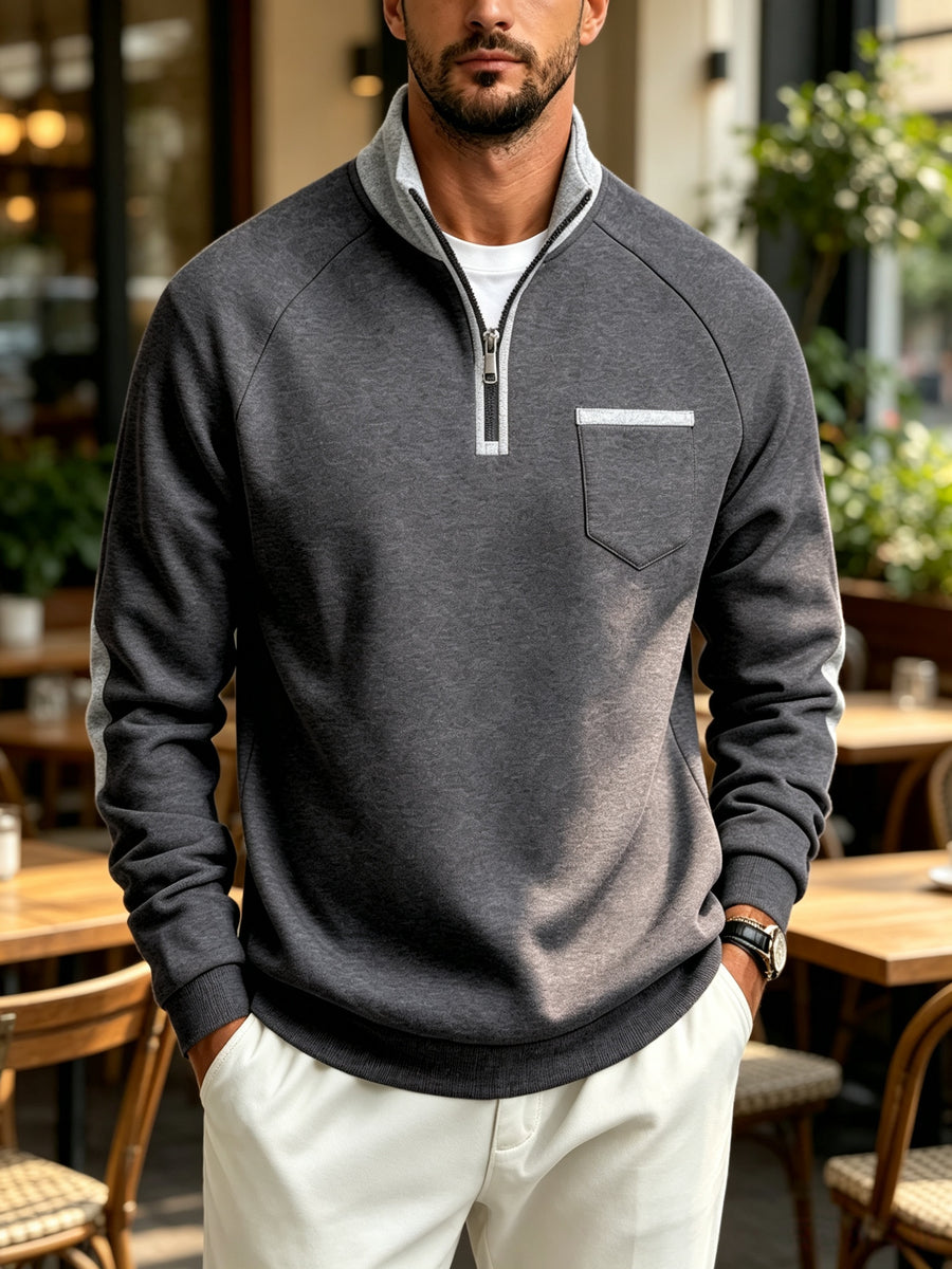 Men's Quarter Zip Stand Collar Sweatshirt, Heavyweight Color Block Pullover with Elbow Patches, Raglan Long Sleeve Tops with Chest Pocket, Lined Loose Casual Commute Outerwear, Autumn Winter Versatile Plus Size Men Clothing Multiple Colors& S - Dark Gray