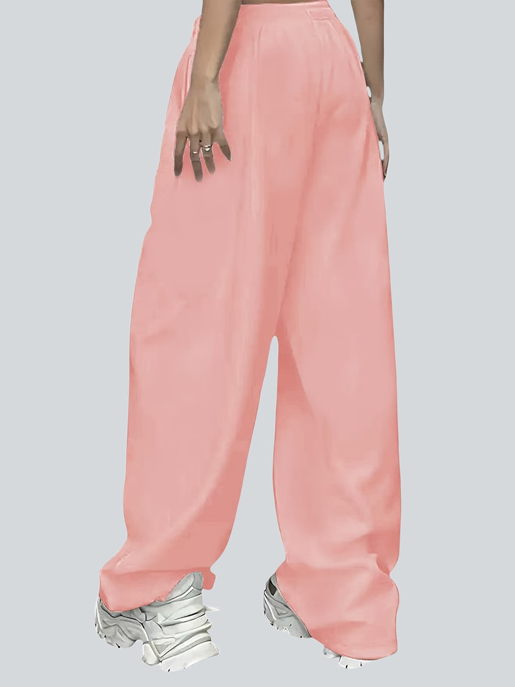 2pcs Plus Size Women'S Casual Wide-Leg Athletic Pocket Sweatpants, Solid Color Drawstring Pattern Printed Sweatpants - Black+Pink