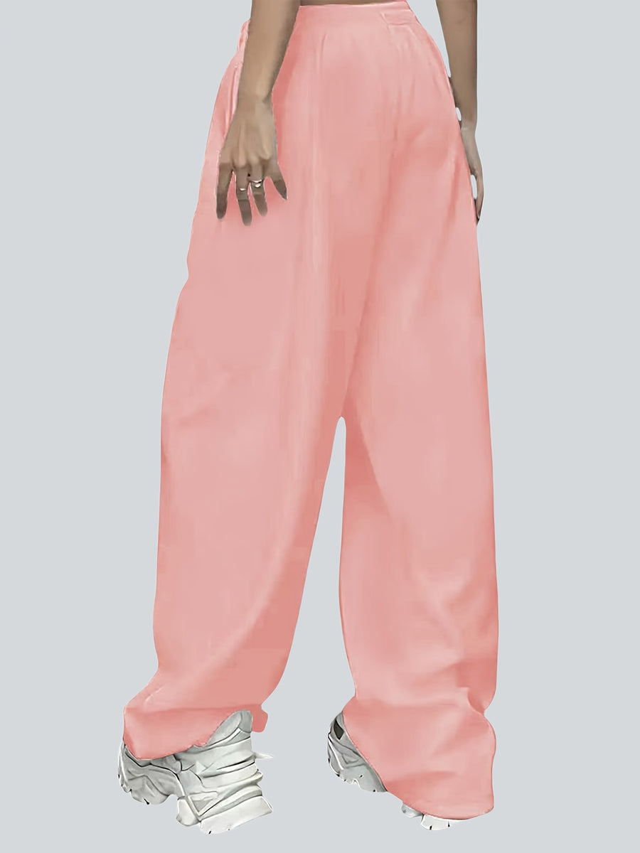 2pcs Plus Size Women'S Casual Wide-Leg Athletic Pocket Sweatpants, Solid Color Drawstring Pattern Printed Sweatpants - Black+Pink