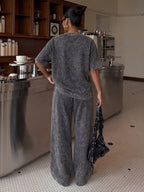 Women's Casual 2pcs Set: Washed Leaf Stripe Print Short Sleeve T-Shirt + Elastic Waist Wide-Leg Pants, Loose Fit Casual Sportswear Set, Street Style Daily Outfit - Black+black