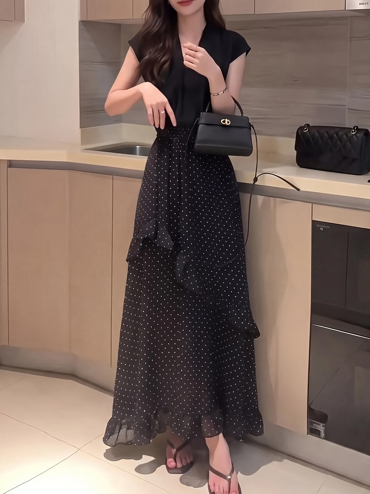Women' French Vintage High-Waisted Chiffon Skirt with Tie - Polka Dot Half-Length to Maxi Length Hem, Irregular Ruffle Hem Suitable for Commuting,,, Semi-Formal Outfits - Black