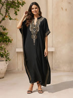 Elegant Black Dress for Women Golden V-Neck Batwing Sleeve Loose Fit Summer Beach Cover Up Traditional Middle Eastern Style Maxi Dress Q1653 - Black