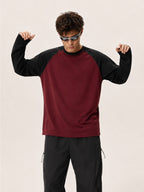 Men'S Long Sleeve Round Neck T-Shirt, a Versatile Color-Block Pullover Top, Men'S Work And T-Shirt, Men'S Top, Casual Work Scene Wear, Applicable for Work Scenes - Black sleeves + red shirt