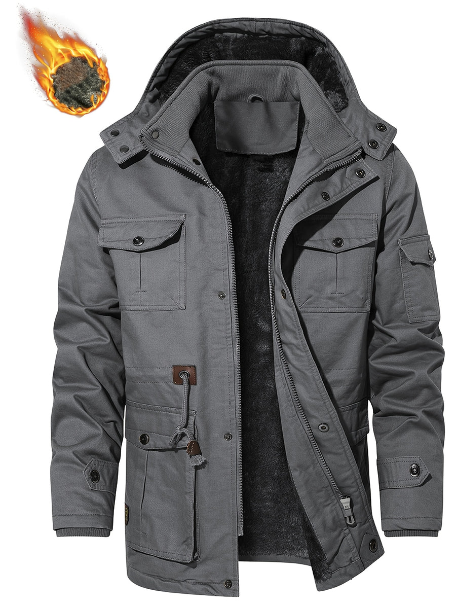 Men'S Winter Fleece-Lined Hooded Jacket - Thick Warm Insulated, Multiple Pockets, 100% Polyester Casual Coat, Machine Washable Regular Fit for Autumn/Winter Outdoor Wear, Winter Outerwear - Dark Gray