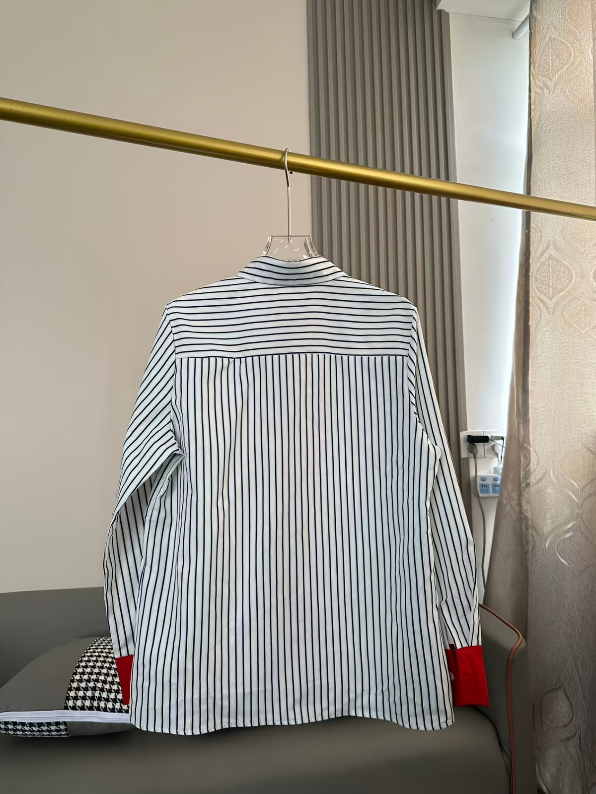 YYTT Retro Contrast Striped Polo Collar Long Sleeve Shirt Women'S Spring New Fashion Design Loose Casual Top - White