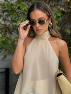 Sexy Halter Back Tank Top New Temperament Ribbon Design Aesthetic Back Satin Sleeveless Top - Beige