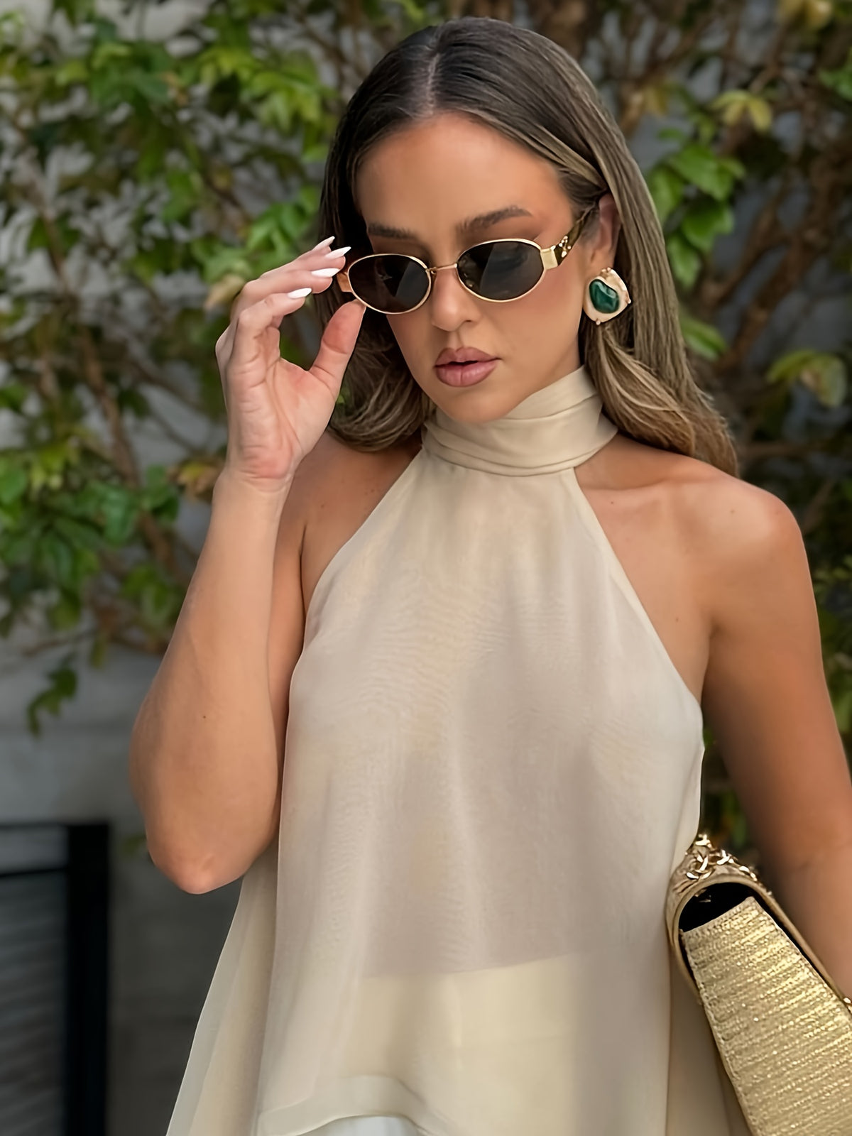 Sexy Halter Back Tank Top New Temperament Ribbon Design Aesthetic Back Satin Sleeveless Top - Beige