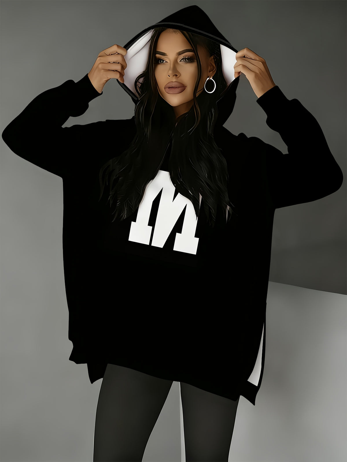 Fashion Women'S Hooded Sweatshirt, Side Slit Design, Suitable for Autumn And Winter, Perfect for Casual Wear, Eye-Catching Bold Letter Print, Loose Mid-Length Fit, Side Slit Detail Enhances Design, Ideal for Daily Commute And Shopping - Mixed colors