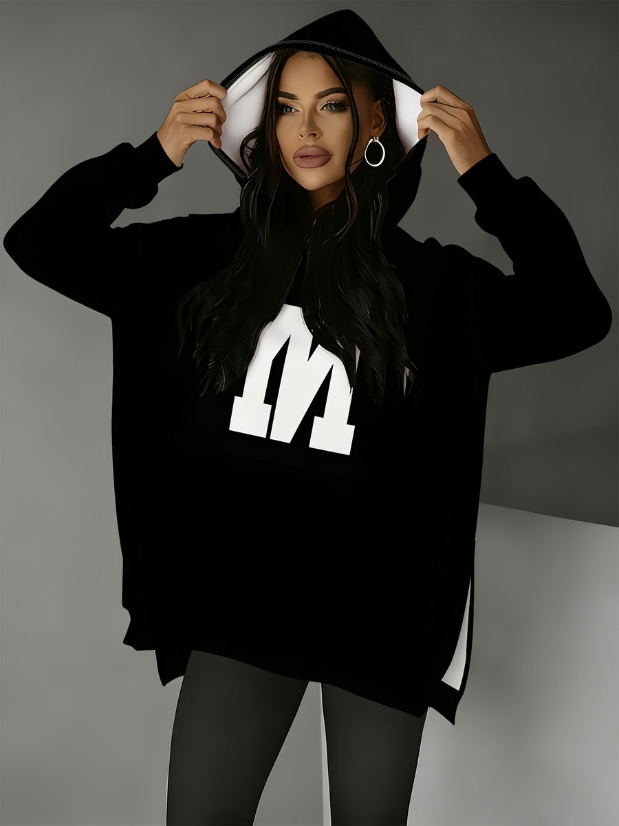 Fashion Women'S Hooded Sweatshirt, Side Slit Design, Suitable for Autumn And Winter, Perfect for Casual Wear, Eye-Catching Bold Letter Print, Loose Mid-Length Fit, Side Slit Detail Enhances Design, Ideal for Daily Commute And Shopping - Mixed colors