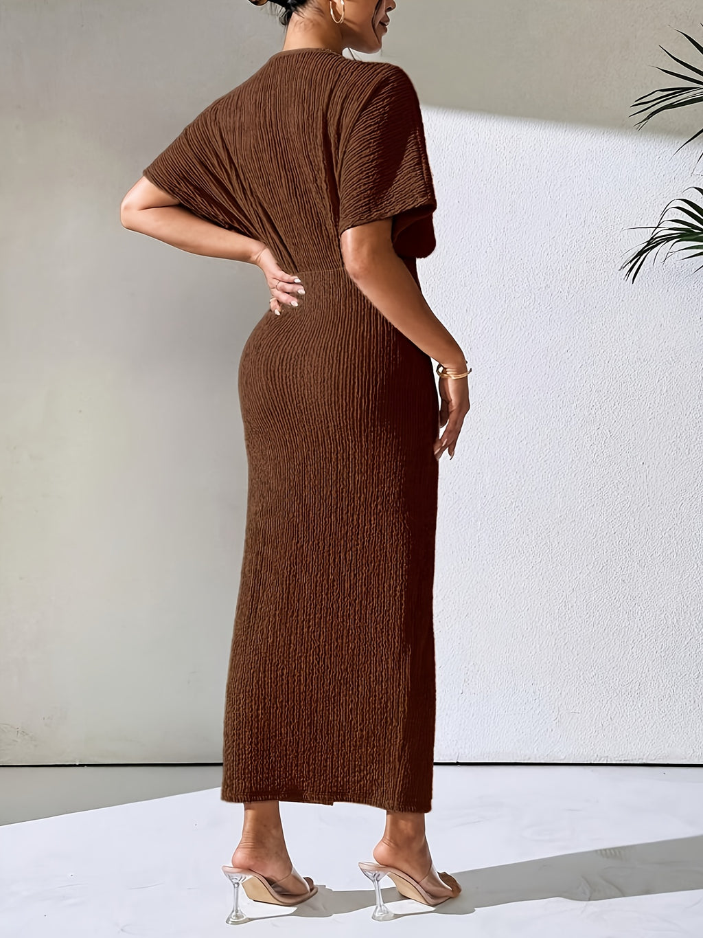 YY0514056 Textured Short Sleeve Batwing Maxi Dress, V-Neck Ruched Elegant Long Gown - Coffee Brown