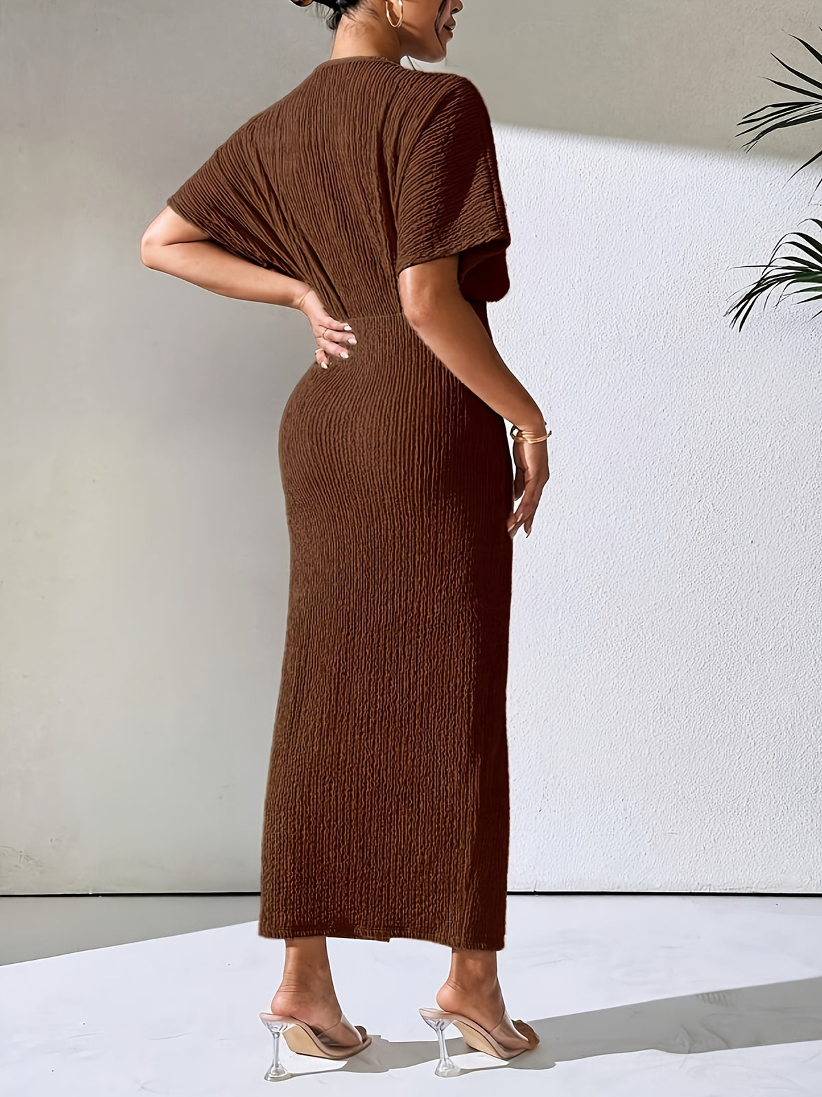 YY0514056 Textured Short Sleeve Batwing Maxi Dress, V-Neck Ruched Elegant Long Gown - Coffee Brown