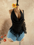 Halter Neck Deep V Tassel Camisole, Hot Style Slim Fit Ruched Top, Vacation Style Personalized Decorative Vest, Women'S Vacation Casual Backless Sleeveless Top, Tassel Hem, Can Be Worn Inside Or Out, Suitable for All Seasons - Black