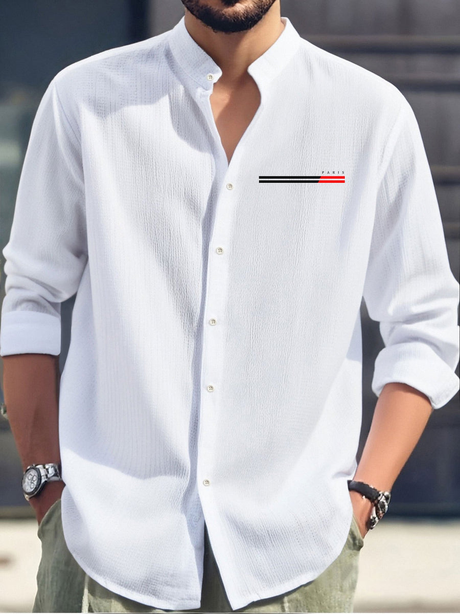 Men'S Fashion Casual Comfortable Lightweight Long Sleeve Shirt - Breathable Stand Collar Button- - Easy Care Top, Paris Letter Pattern Print, Machine Washable Office And Everyday Wear, Activities And Outings Versatile Apparel - White