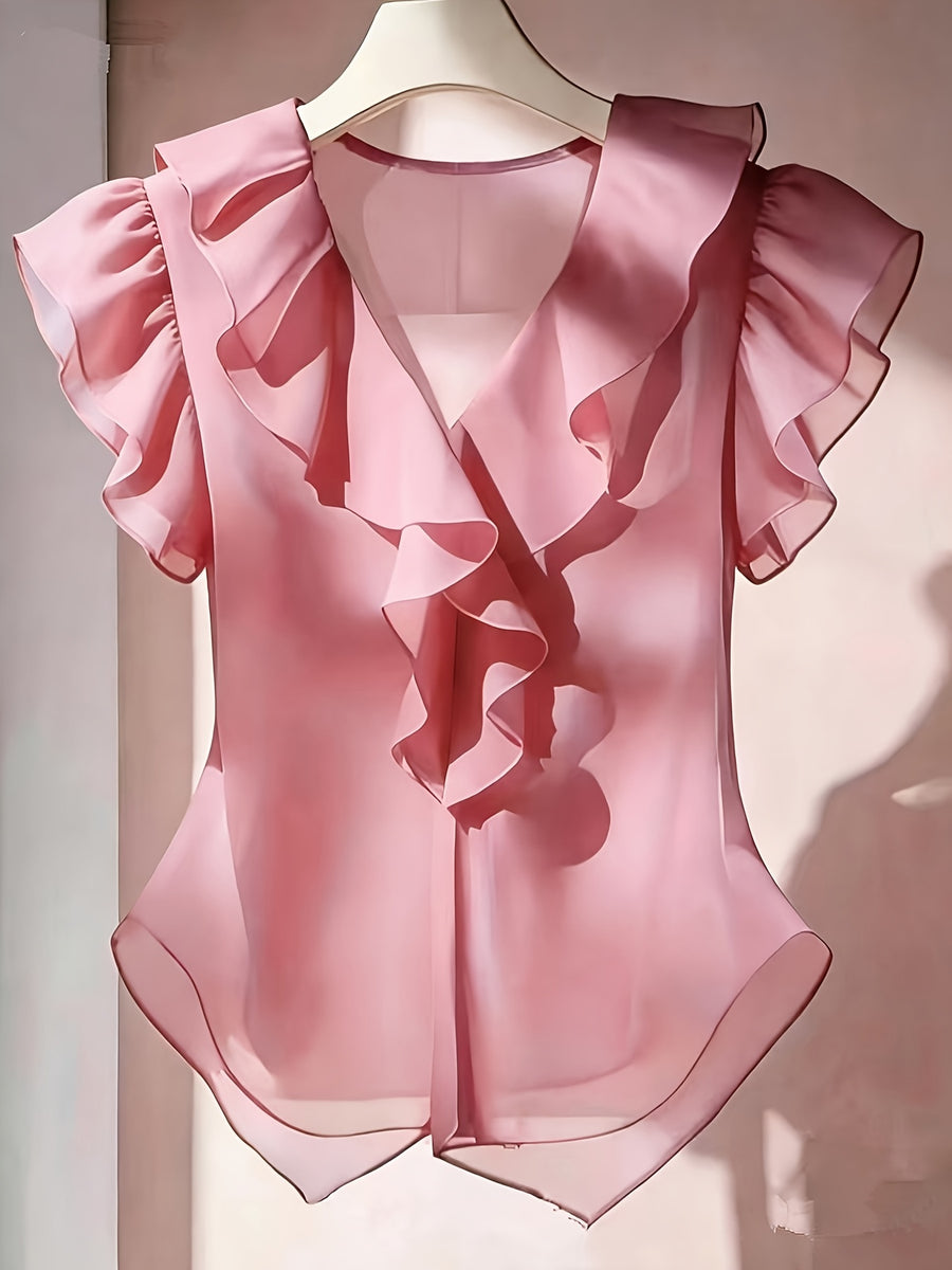 Summer French Solid Ruffled Fly Short Sleeve Shirt Chiffon Top Women'S - Pink Color