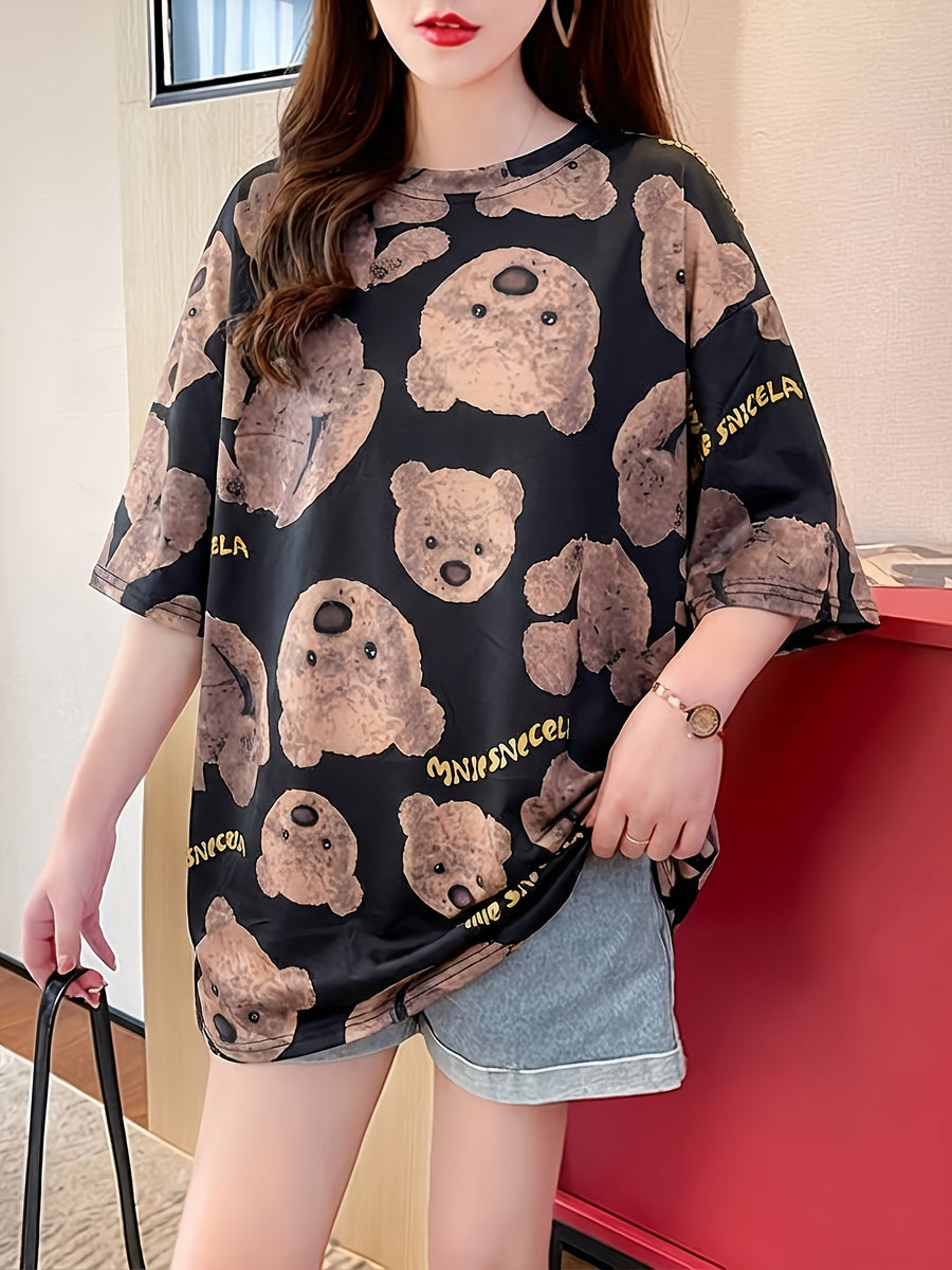 Summer New Large Size Loose Fashion Trend Thin Cartoon Round Neck Print Medium Long Short Sleeve T-Shirt - 208-B