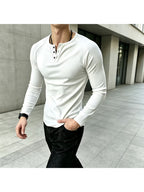 Men Long Sleeve Henley T-Shirt, Loose Trendy Brand Designed Top, Vertical Ribbed Knit Pullover, Breathable Comfort Fashion Casual Tee, Raglan Sleeve Half Button Placket Shirts for Daily Outfits - White