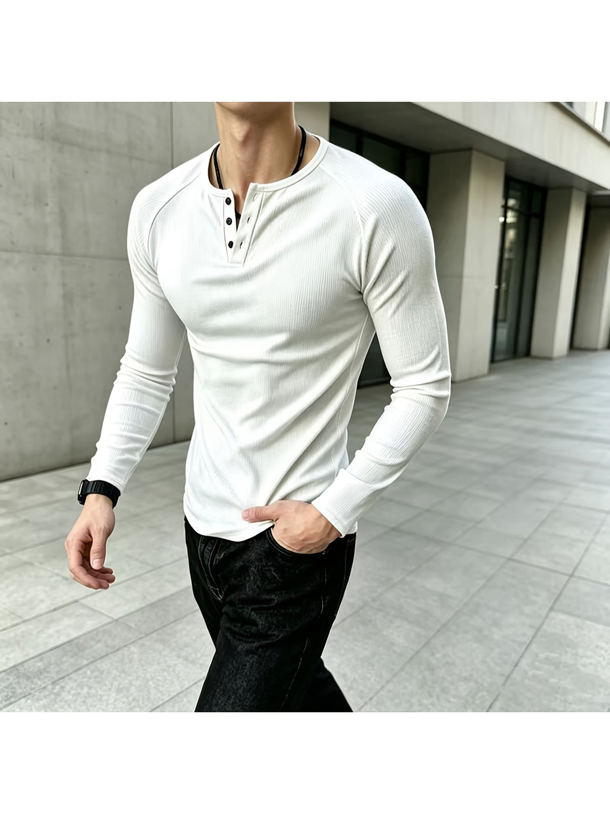 Men Long Sleeve Henley T-Shirt, Loose Trendy Brand Designed Top, Vertical Ribbed Knit Pullover, Breathable Comfort Fashion Casual Tee, Raglan Sleeve Half Button Placket Shirts for Daily Outfits - White