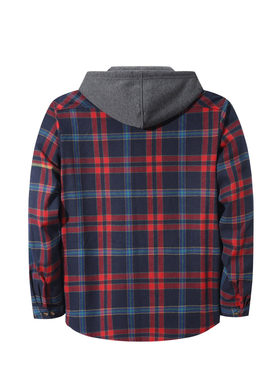 Men'S Plaid Hoodie Fashion Hoodie Fleece Shirt Price Long Sleeve Casual Button-Up Hoodie, Autumn Essentials - Navy Blue Red A1