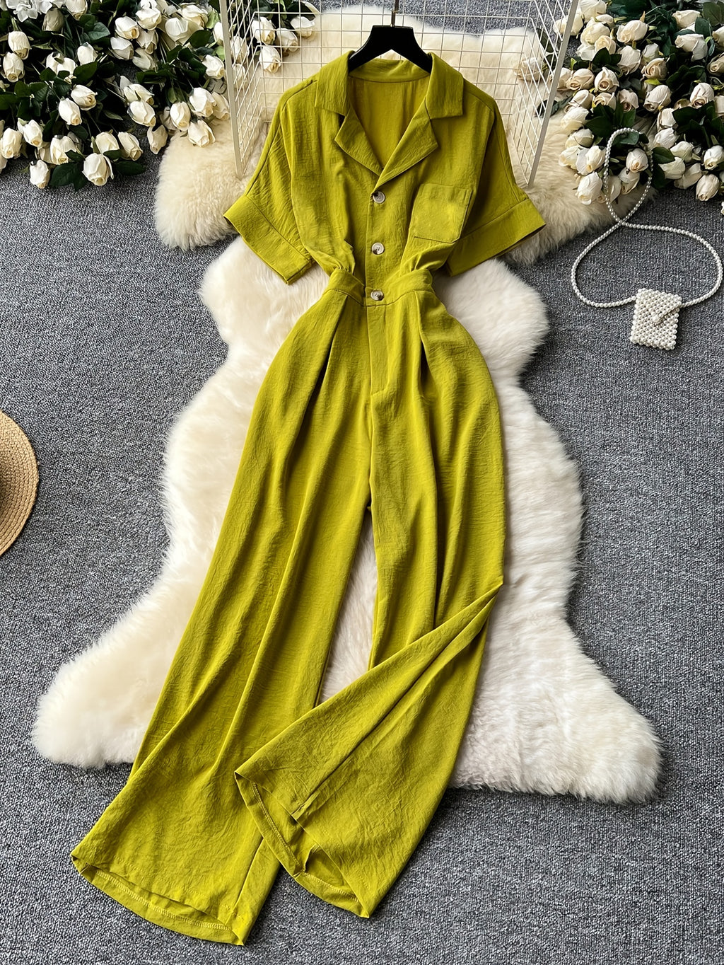 Fashionable High-waist Jumpsuit with a Suit-style Collar, Perfect for Summer Parties, Anniversaries, Valentine's Day, Birthdays, and as Work Attire to Surprise Others. Summer Women's Jumpsuit - Tender Green