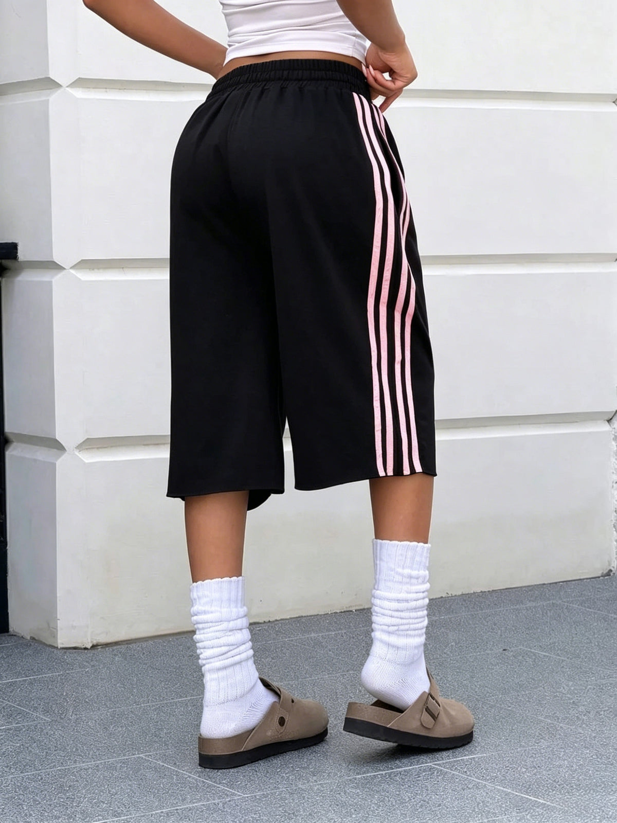 Women'S Y2K Sweet Cool Contrast Striped Wide Leg Shorts, Elastic Waist All-Match Straight Bermuda Casual Short Shorts - Black