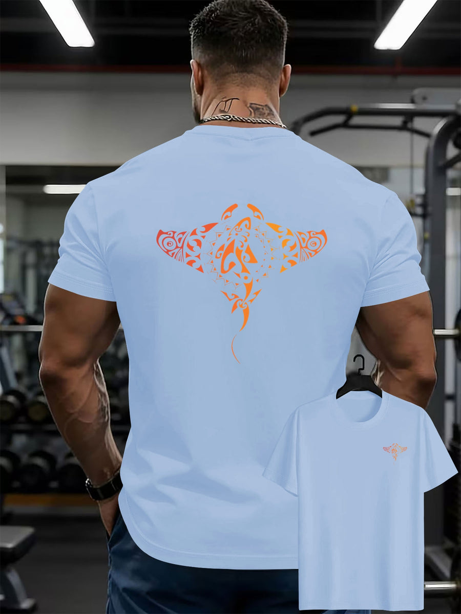 100% Men'S T-Shirt, Multi-Colors Available, Men'S Manta Ray Pattern T-Shirt, Front And Back Print T-Shirt, Summer Casual Round Neck Short Sleeve T-Shirt - Lake Blue