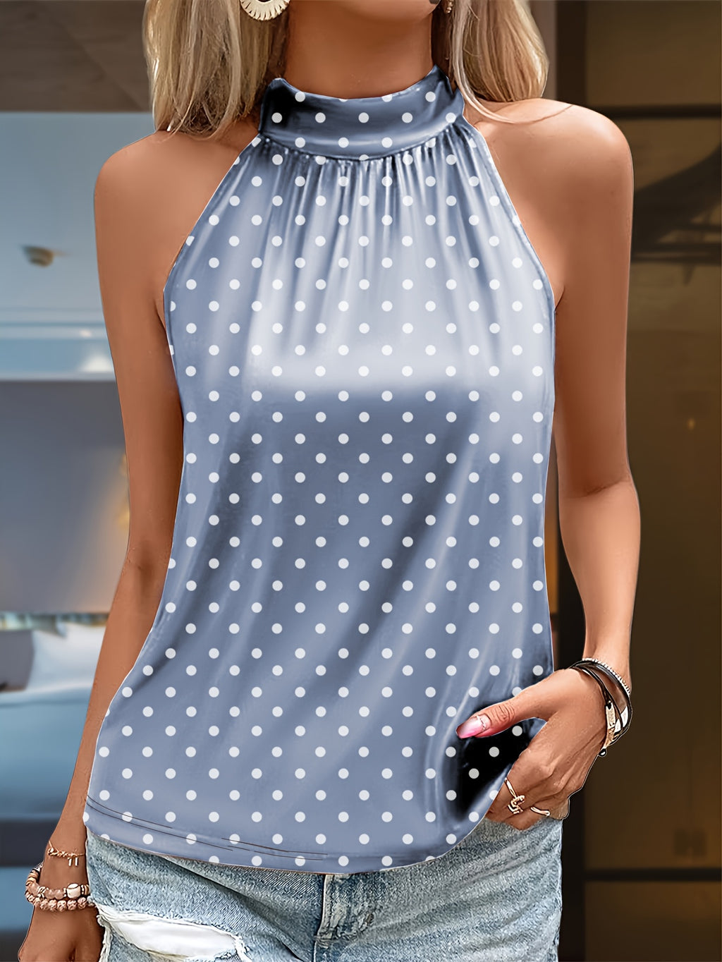 Women'S Spring/Summer Casual Elegant Polka Dot Halter Vest with Back Buttons, Easy Versatile Style, Suitable for Fashion Commuting, Casual Home Wear - Light Blue